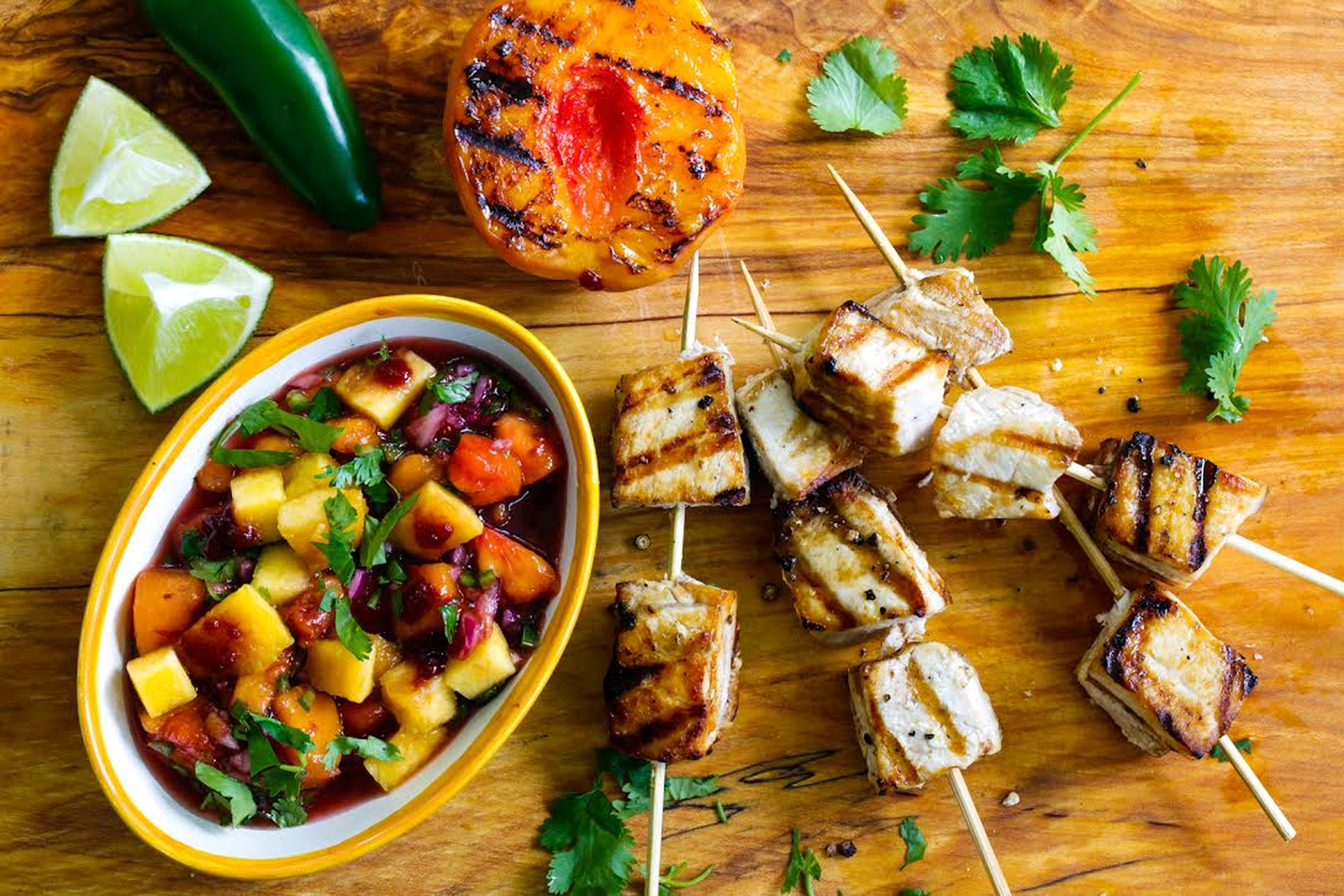 Grilled Swordfish Kebabs with Peach Raspberry Lime Rickey Salsa